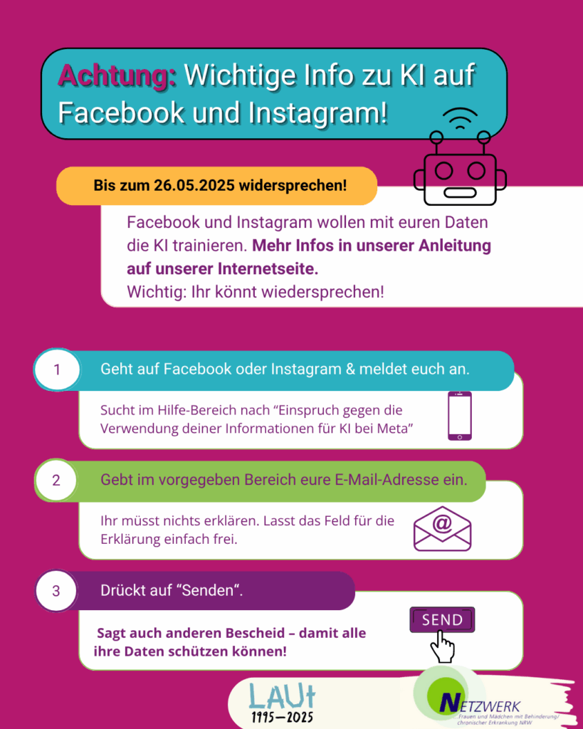 Infografik mit lilafarbenem Hintergrund. Titel: „Achtung: Wichtige Info zu KI auf Facebook und Instagram!“ In einer gelben Blase steht: „Bis zum 26.05.2025 widersprechen!“.
Darunter drei farblich abgesetzte Schritte mit Icons und Erklärungen:
Facebook oder Instagram aufrufen und im Hilfe-Bereich nach „Einspruch gegen die Verwendung deiner Informationen für KI bei Meta“ suchen (Symbol: Smartphone).
E-Mail-Adresse im Formular eintragen, Erklärung ist nicht nötig (Symbol: Briefumschlag).
Auf „Senden“ klicken (Symbol: Klick-Hand auf Button mit Text „SEND“).
Am Ende der Hinweis: „Sagt auch anderen Bescheid – damit alle ihre Daten schützen können!“
Unten links das Jubiläumslogo „LAUT 1995–2025“, unten rechts das Logo des Netzwerks Frauen und Mädchen mit Behinderung/chronischer Erkrankung NRW.
