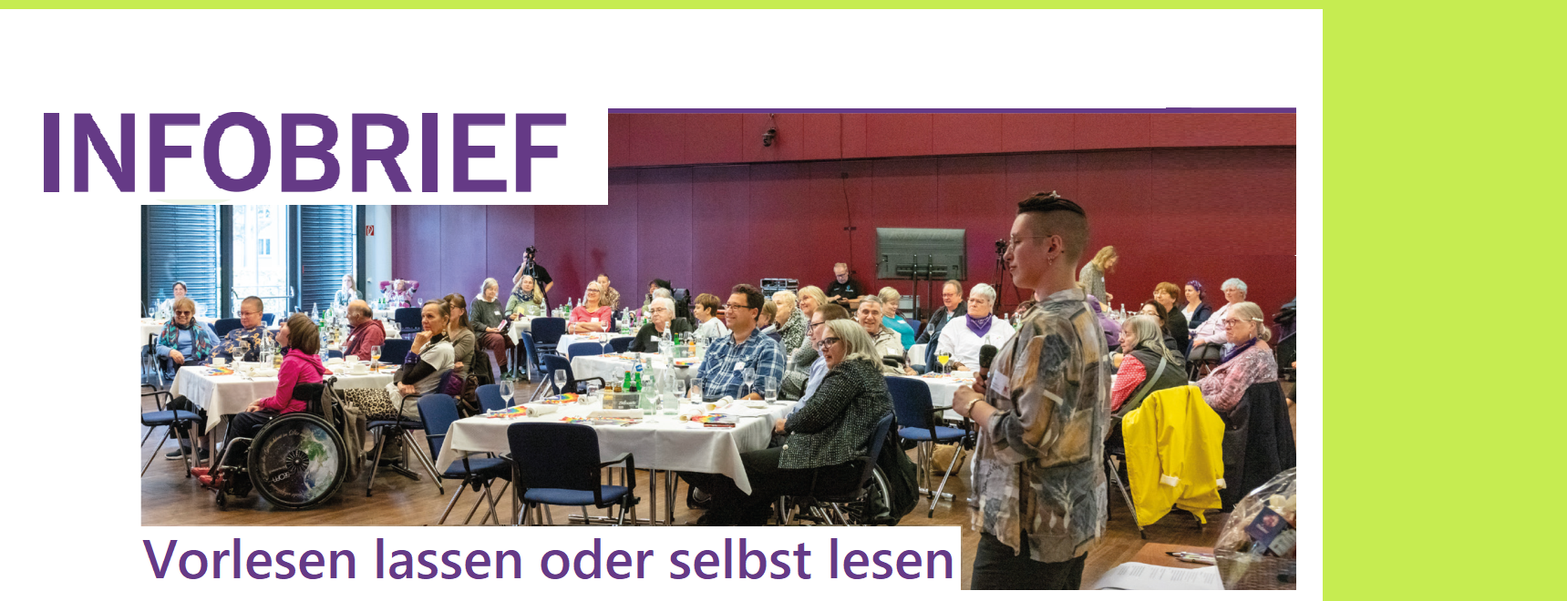 Zu sehen ist ein Teil vom Titelblatt vom Infobrief: Oben links das Logo vom Netzwerk, darunter ein Foto vom festlich geschmückten Saal mit Gästinnen und der Text "Infobrief". Rechts steht „Infobrief“. Unten: „Vorlesen lassen oder selbst lesen“