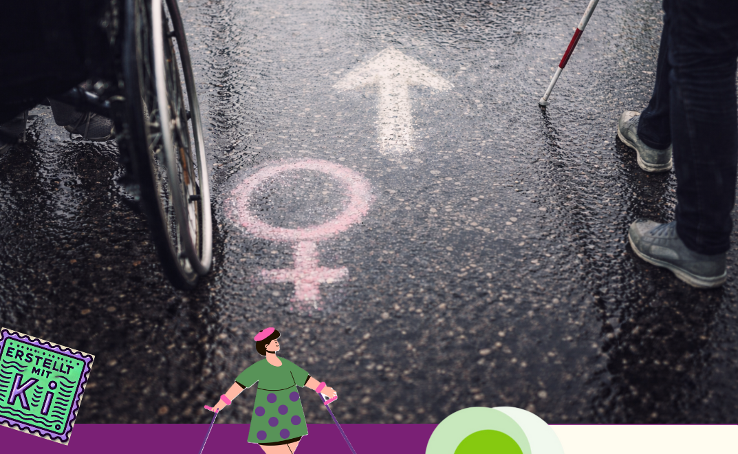 Auf einem regennassen Asphalt sind mit Kreide ein leicht verlaufenes Frauenzeichen und ein weißer Pfeil nach vorn gezeichnet. Links unten ist ein Rollstuhlrad zu sehen, rechts die Beine einer Frau mit einem weißen Langstock. Links auf dem Bild eine kleine Marke "mit KI erstellt". Ganz unten das Logo vom Netzwerk NRW